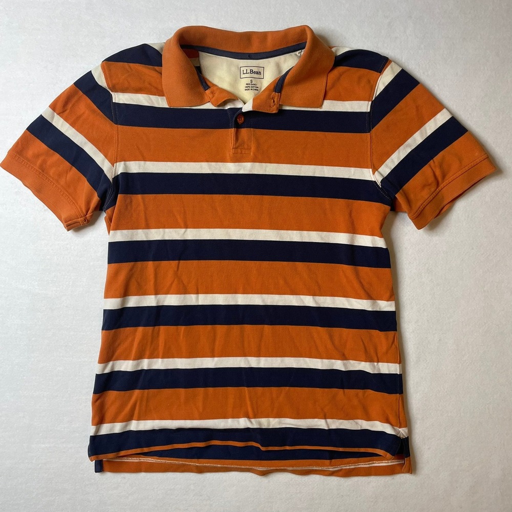 LL Bean Mens Striped Polo Shirt Size Small Orange Navy‎ Blue Cotton Casual